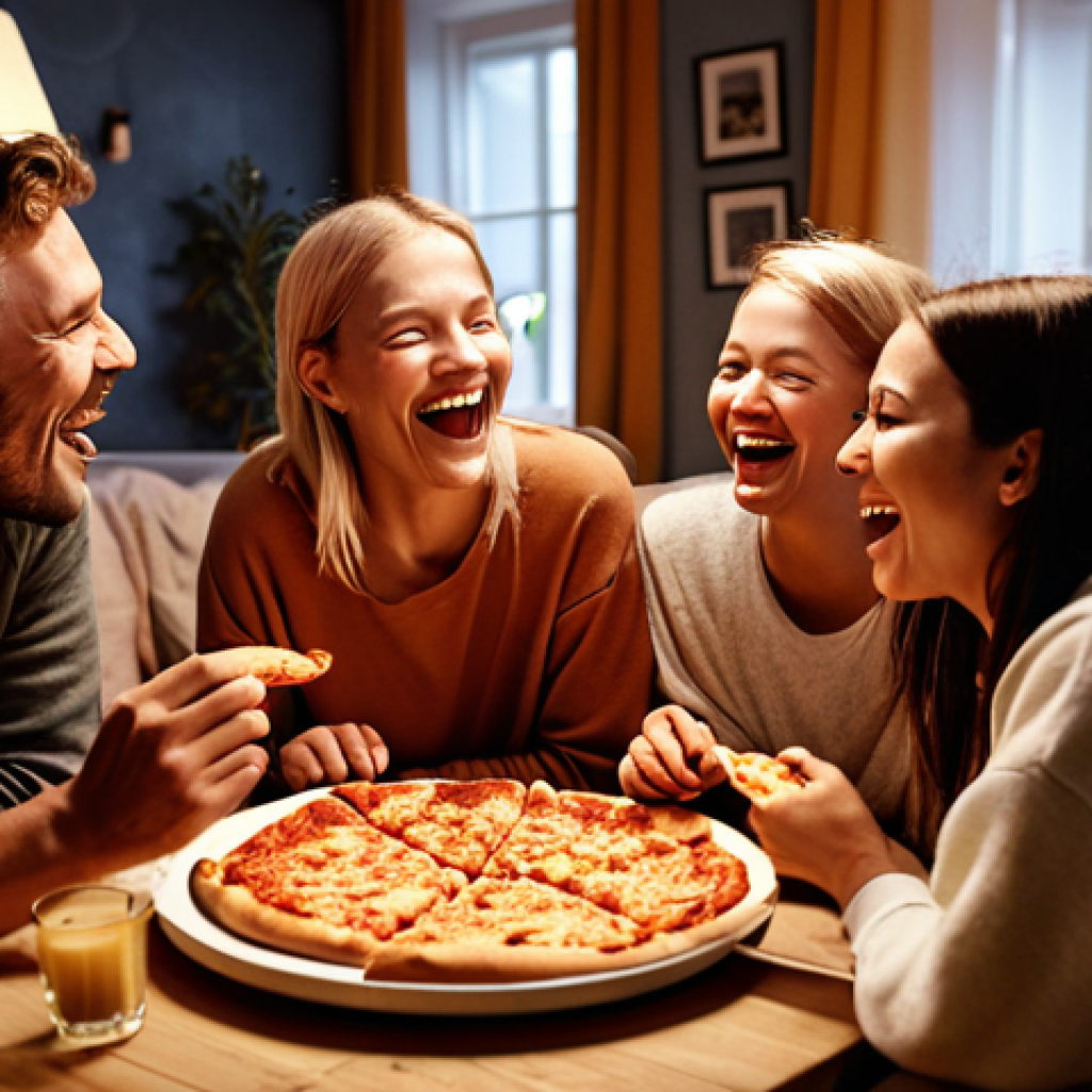 **Prompt:** A group of diverse, casually dressed friends laughing and sharing a pizza at someone's cozy home in Sweden. Warm lighting, comfortable setting, emphasis on camaraderie and connection. Possibly include elements like candles and Swedish design touches in the background. Style: Realistic, candid photograph.