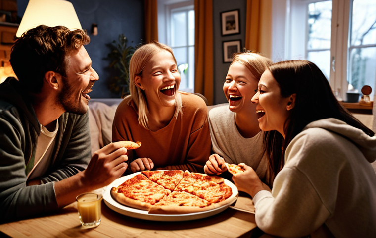 **Prompt:** A group of diverse, casually dressed friends laughing and sharing a pizza at someone's cozy home in Sweden. Warm lighting, comfortable setting, emphasis on camaraderie and connection. Possibly include elements like candles and Swedish design touches in the background. Style: Realistic, candid photograph.